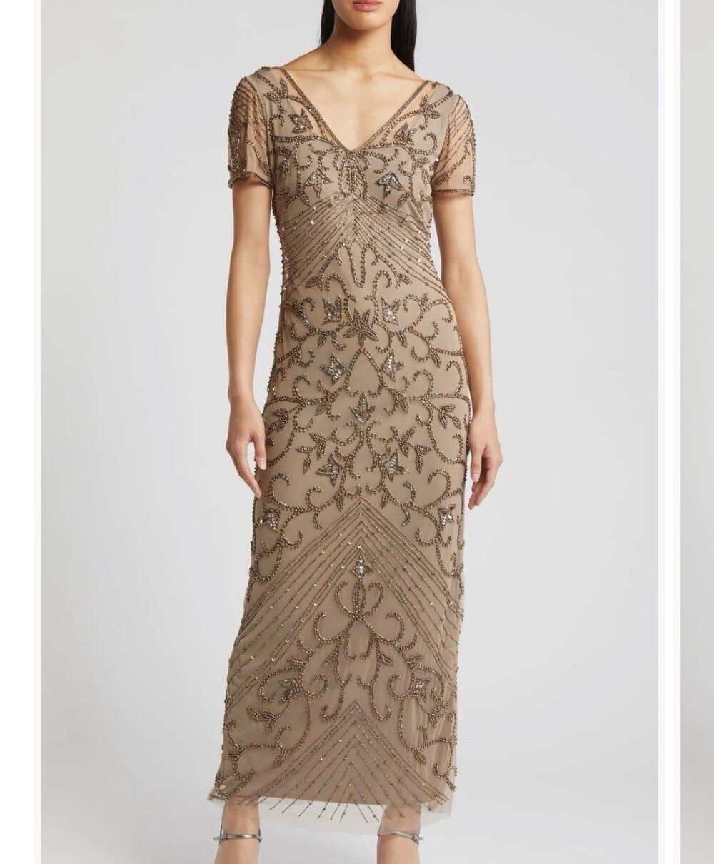 Pisarro Nights Silver Beaded Beige Mesh Column Gown
Size 10